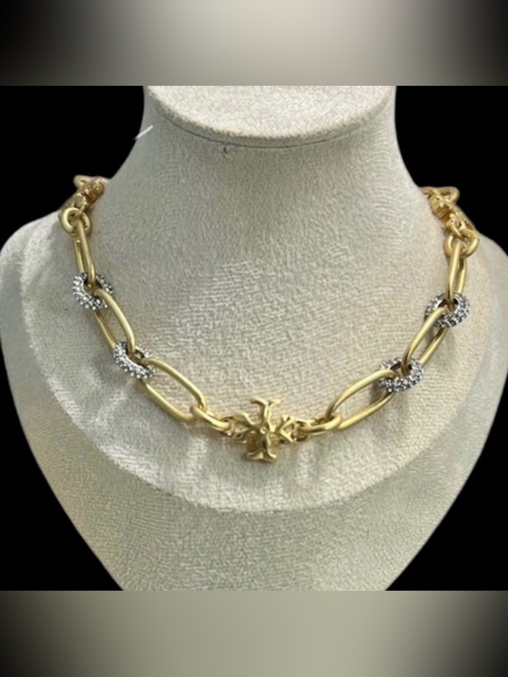 NWT Auth. Tory Burch Roxanne Pave Chunky Short 15” Necklace in Rolled Tory Gold